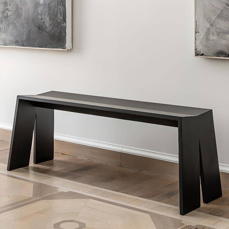 Modern Black Wood Bench with Sculptural V-Leg Design Main Product Image Image principale du produit