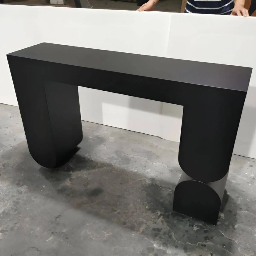 Modern Black Wood Console Table with Sculptural Sled Base