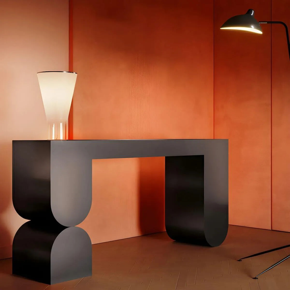 Modern Black Wood Console Table with Sculptural Sled Base Secondary image
