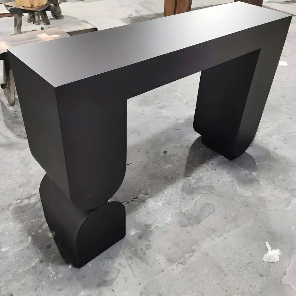 Modern Black Wood Console Table with Sculptural Sled Base