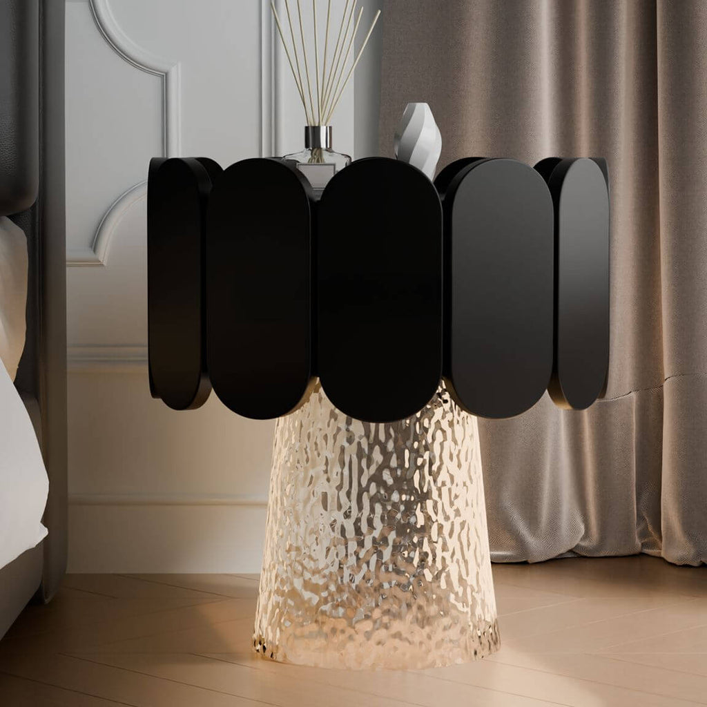 Modern Black Wood Drawer Storage Nightstand with Unique Wave Edge Design