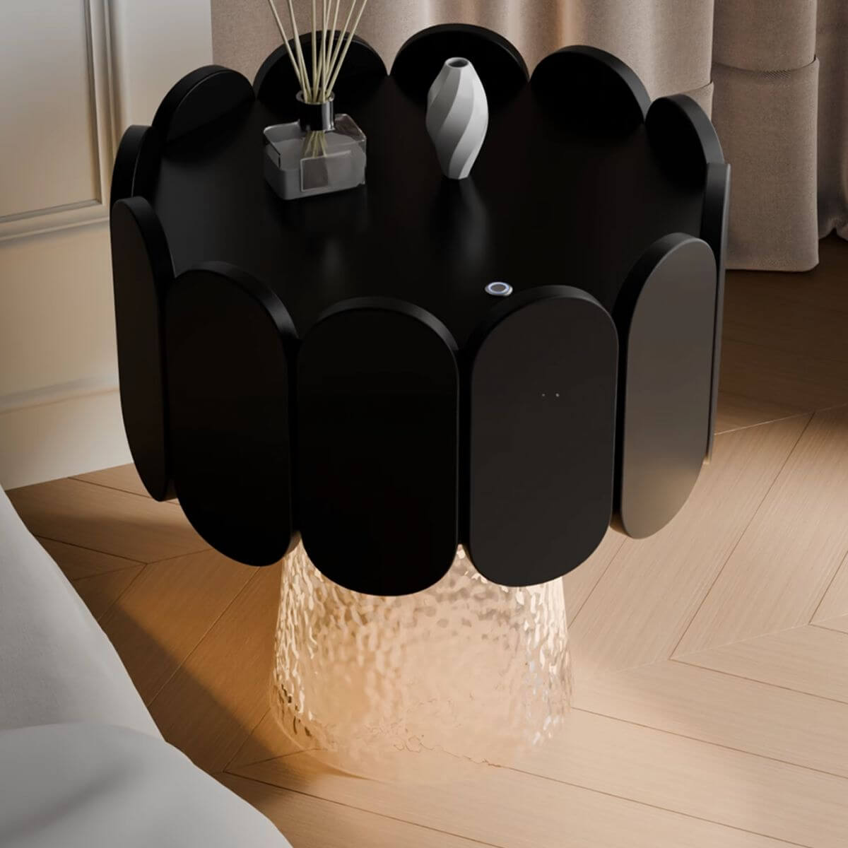 Modern Black Wood Drawer Storage Nightstand with Unique Wave Edge Design