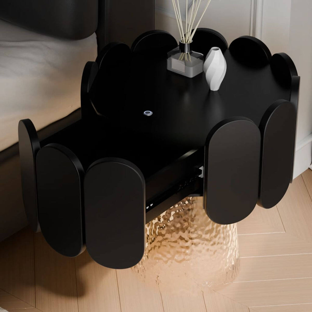 Modern Black Wood Drawer Storage Nightstand with Unique Wave Edge Design