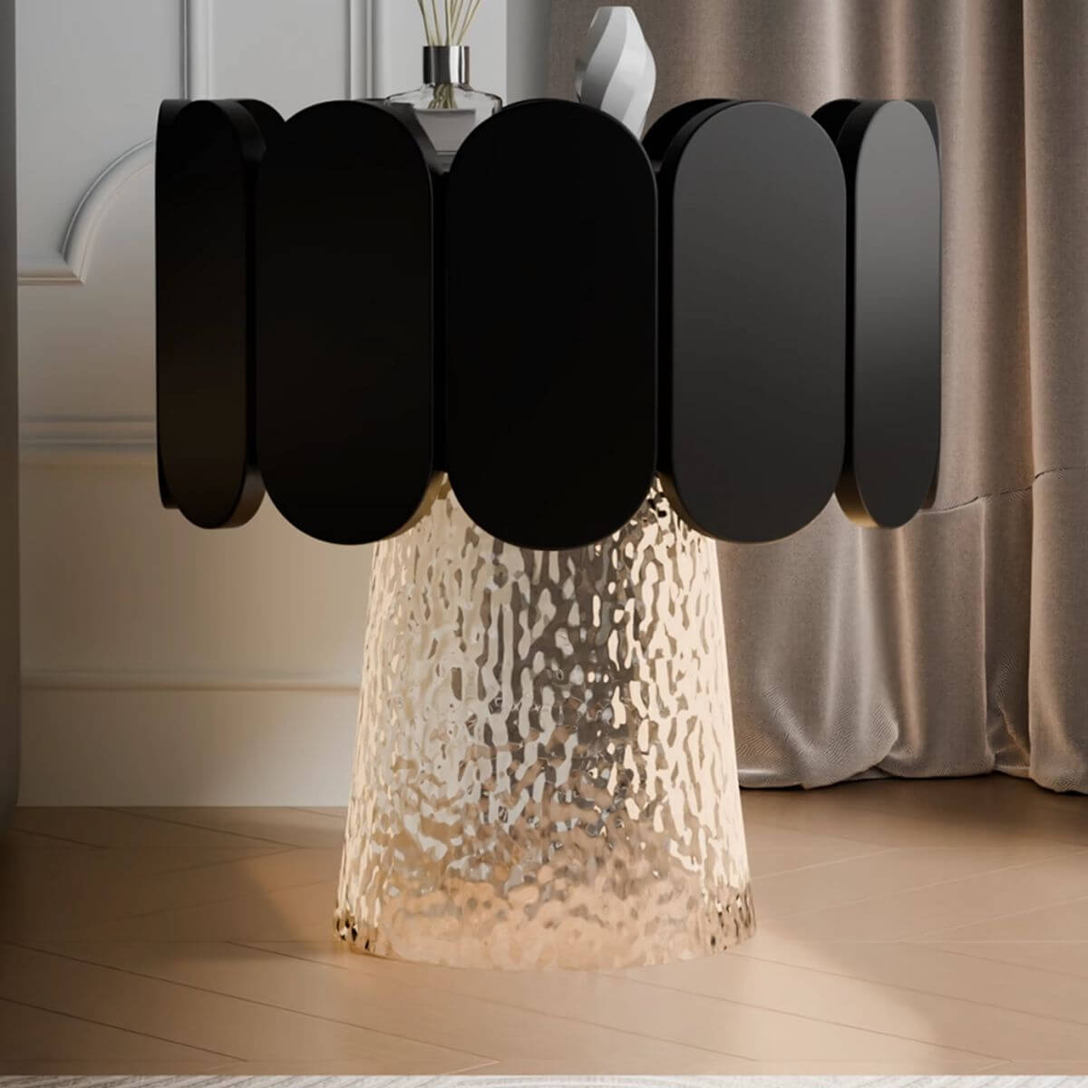 Modern Black Wood Drawer Storage Nightstand with Unique Wave Edge Design Main Product Image メイン画像