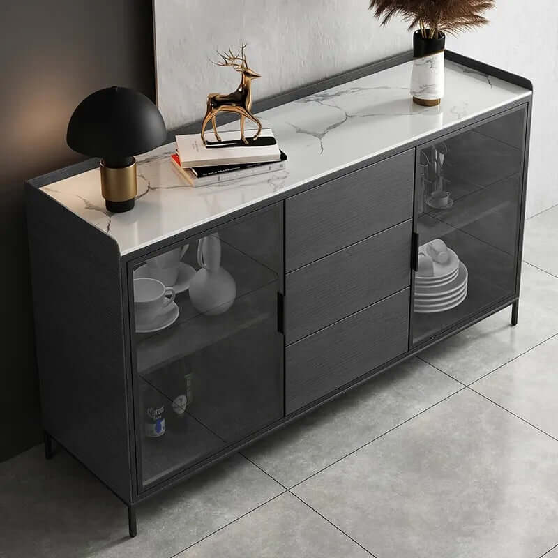 Modern Black Wood Sideboard with Sintered Stone Top