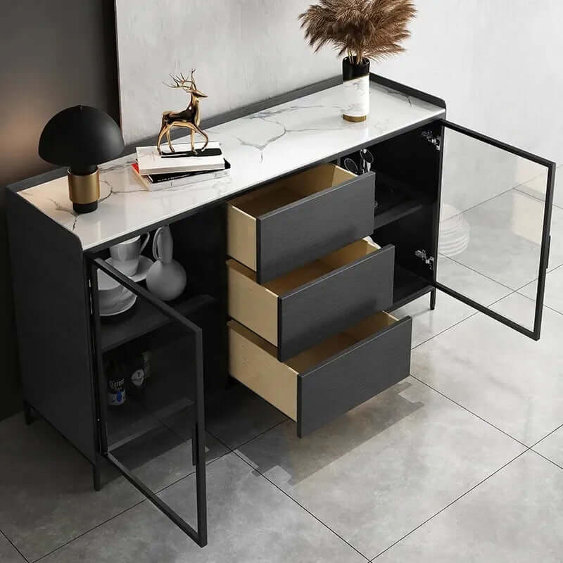 Modern Black Wood Sideboard with Sintered Stone Top