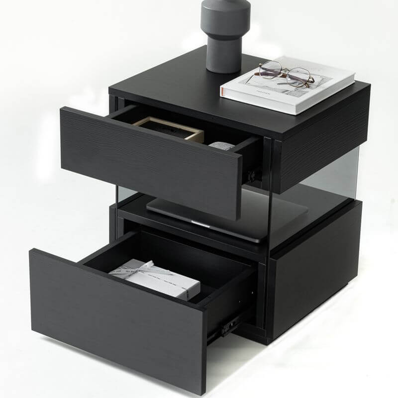 Modern Black Wooden Drawer Storage Nightstand for Small Spaces