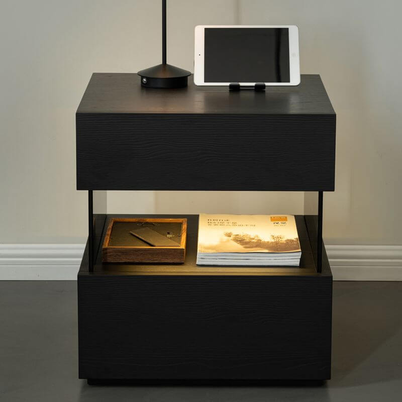 Modern Black Wooden Drawer Storage Nightstand for Small Spaces
