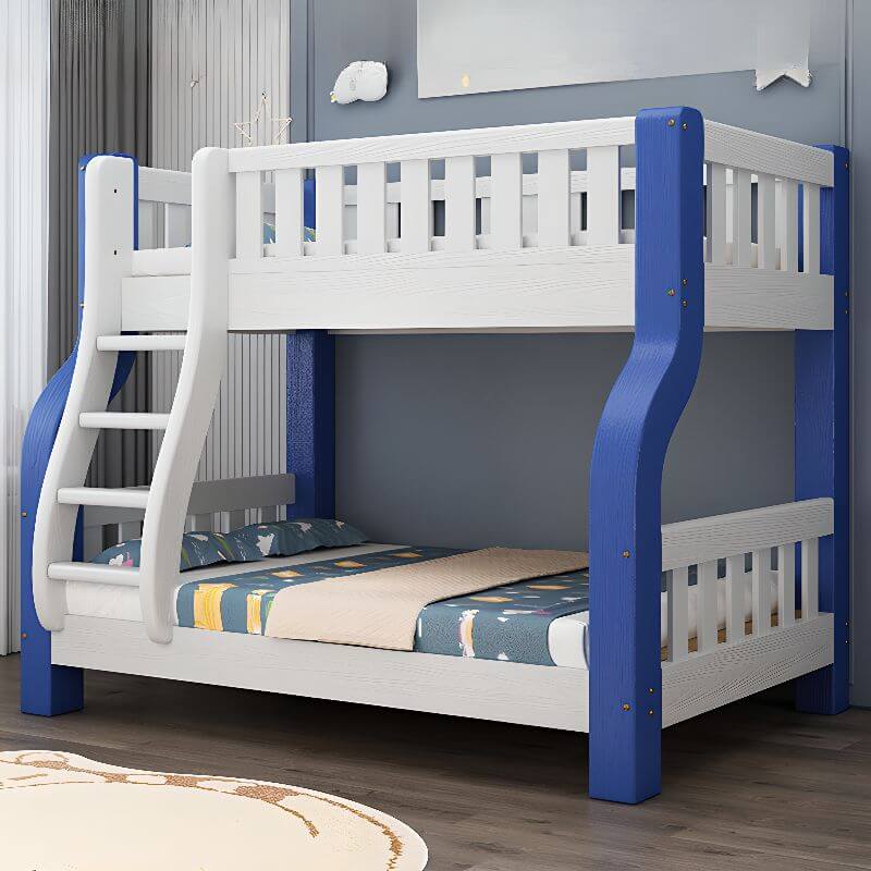 Modern Blue Wood Bunk Bed with Ladder and 2 Mattresses for Kids