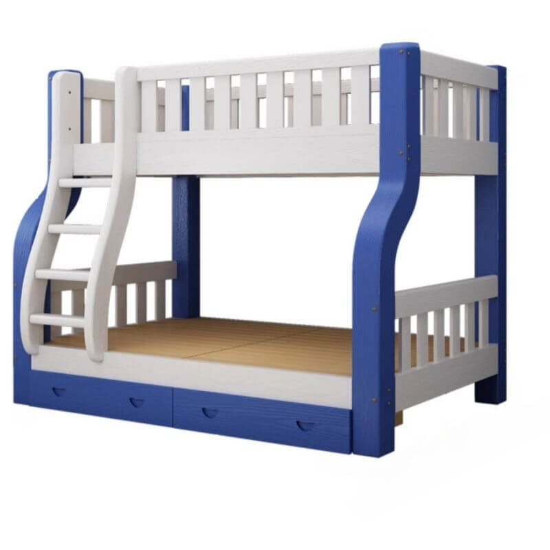 Modern Blue Wood Bunk Bed with Ladder and 2 Mattresses for Kids