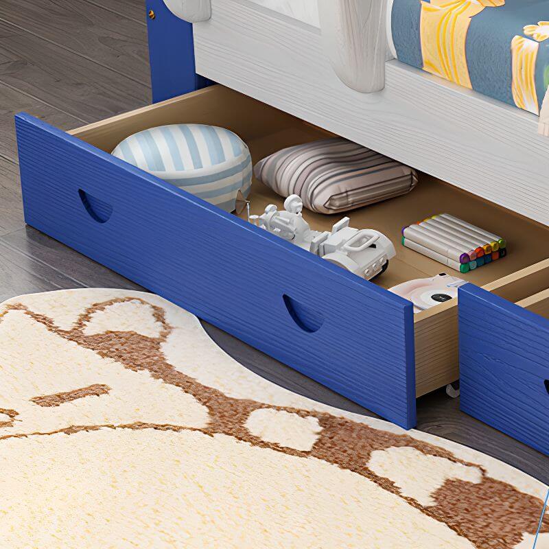 Modern Blue Wood Bunk Bed with Ladder and 2 Mattresses for Kids