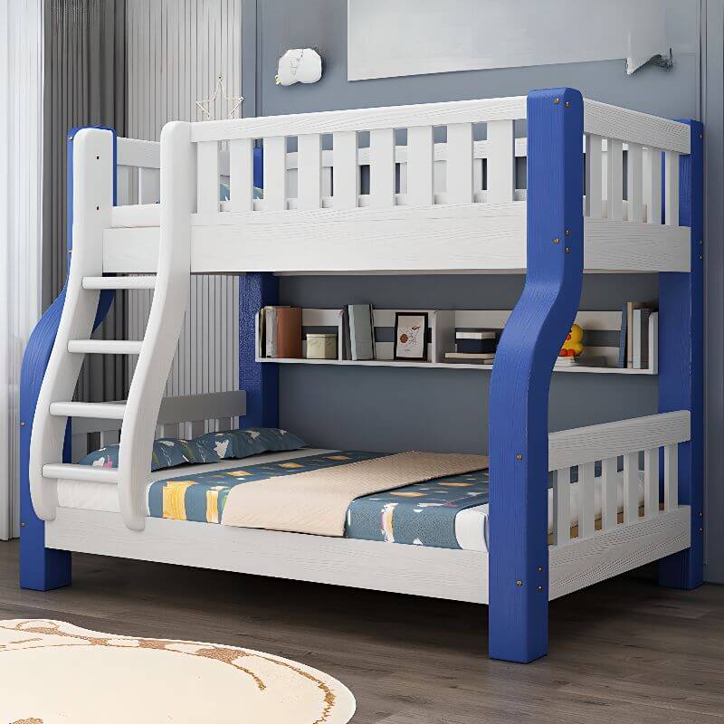 Modern Blue Wood Bunk Bed with Ladder and 2 Mattresses for Kids