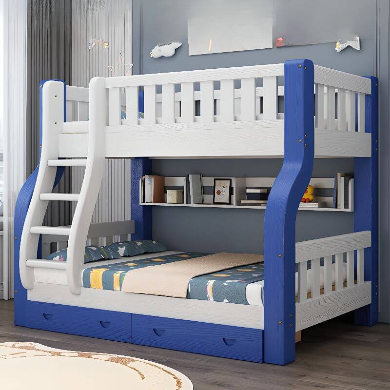 Modern Blue Wood Bunk Bed with Ladder and 2 Mattresses for Kids