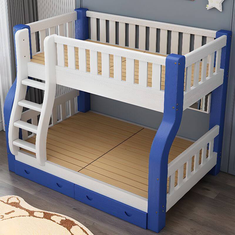 Modern Blue Wood Bunk Bed with Ladder and 2 Mattresses for Kids