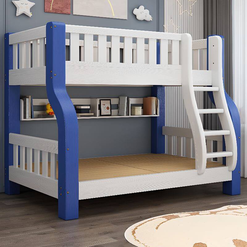 Modern Blue Wood Bunk Bed with Ladder and 2 Mattresses for Kids