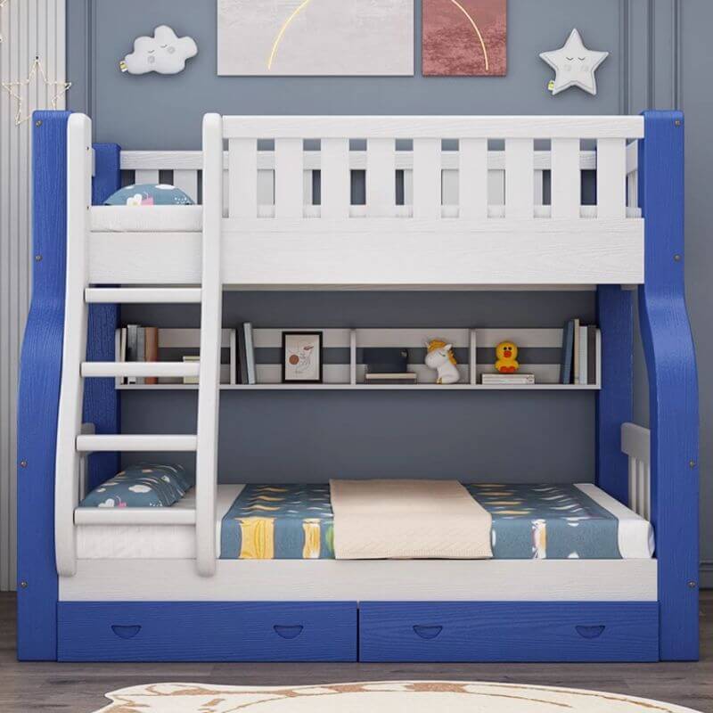 Modern Blue Wood Bunk Bed with Ladder and 2 Mattresses for Kids Main Product Image