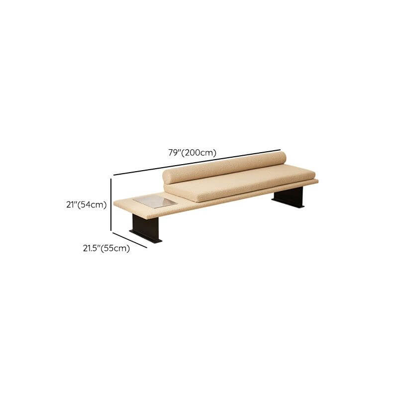 Modern Boucle Upholstered Entryway Bench with Integrated Metal-Trimmed Shelf Dimensions
