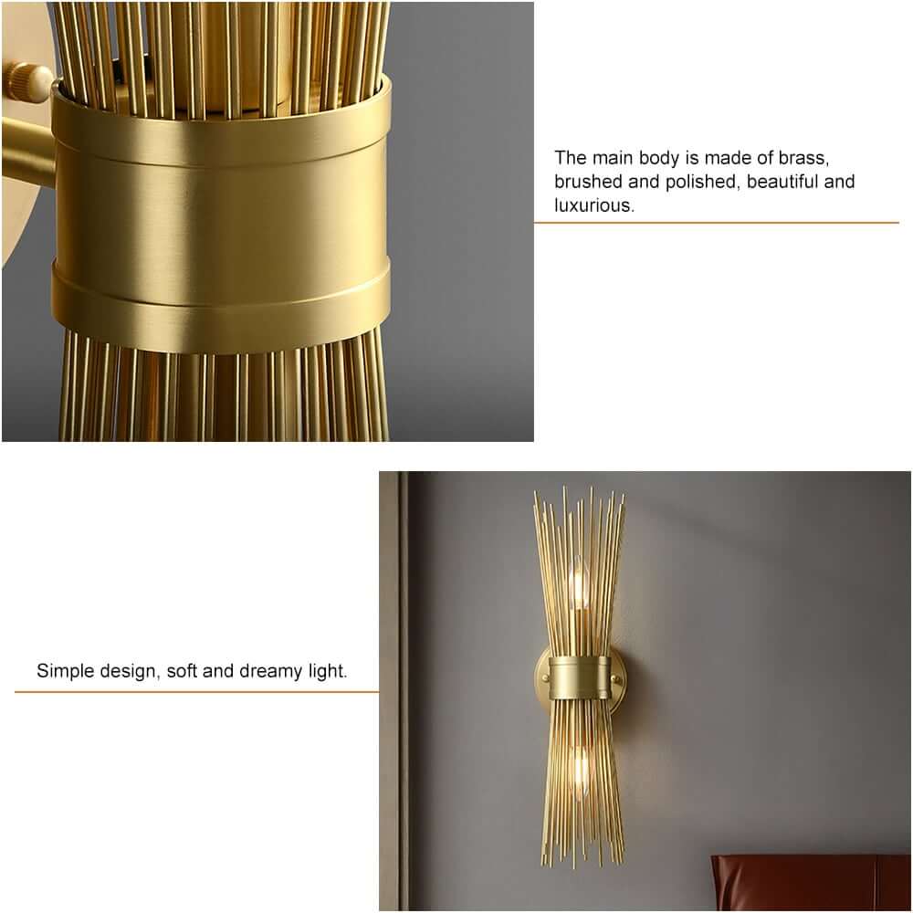 Modern Brass 2-Light Armed Wall Sconce with Wheat-Straw Shade