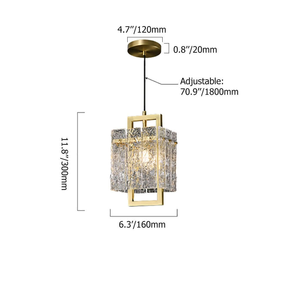 Modern Brass Pendant Light with Clear Glass Shade, Adjustable Height Dimensions