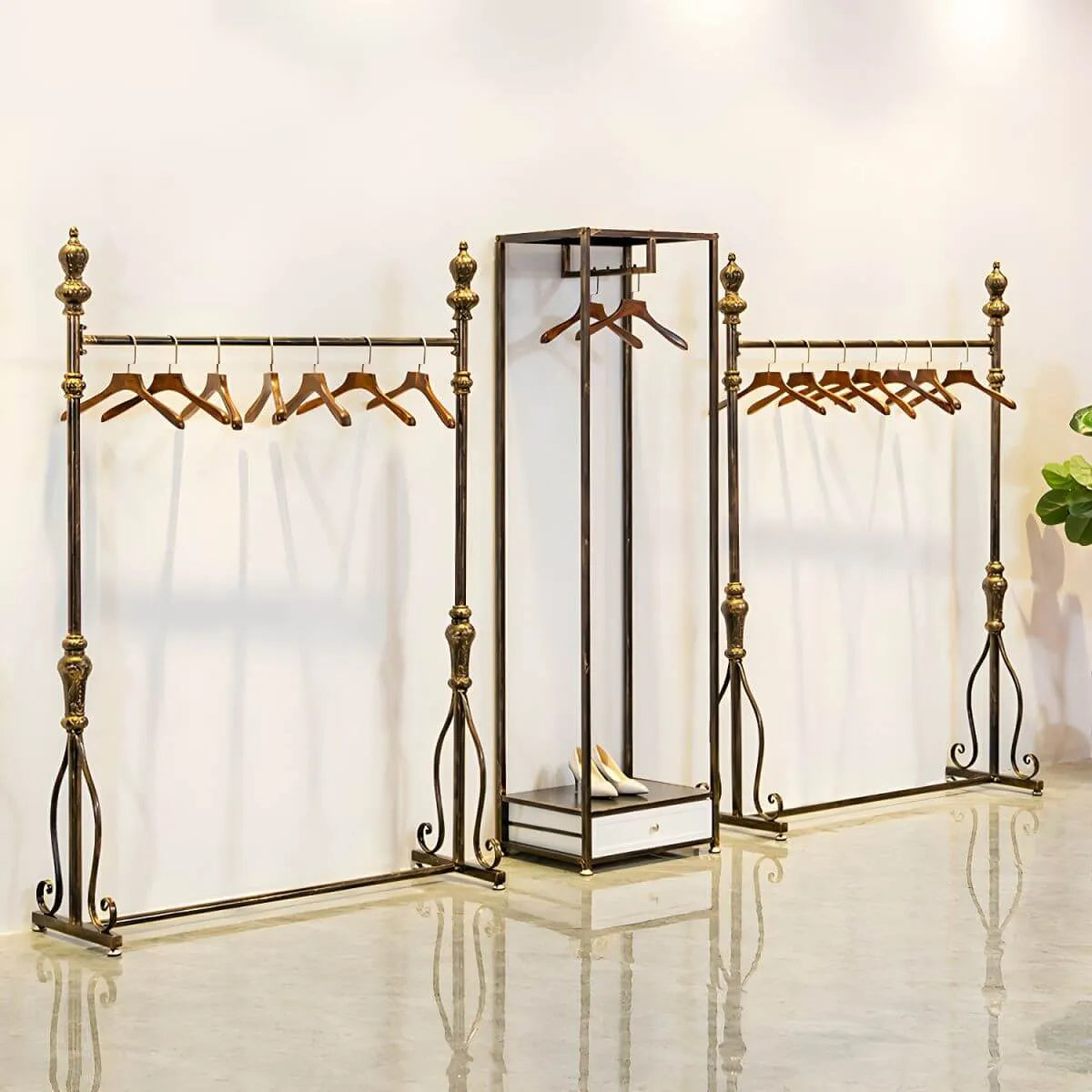 Modern Bronze Metal Hall Tree with Drawer and Coat Rack