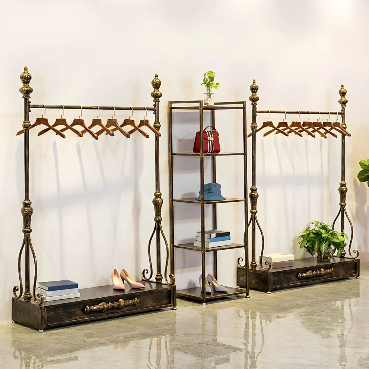 Modern Bronze Metal Hall Tree with Drawer and Coat Rack
