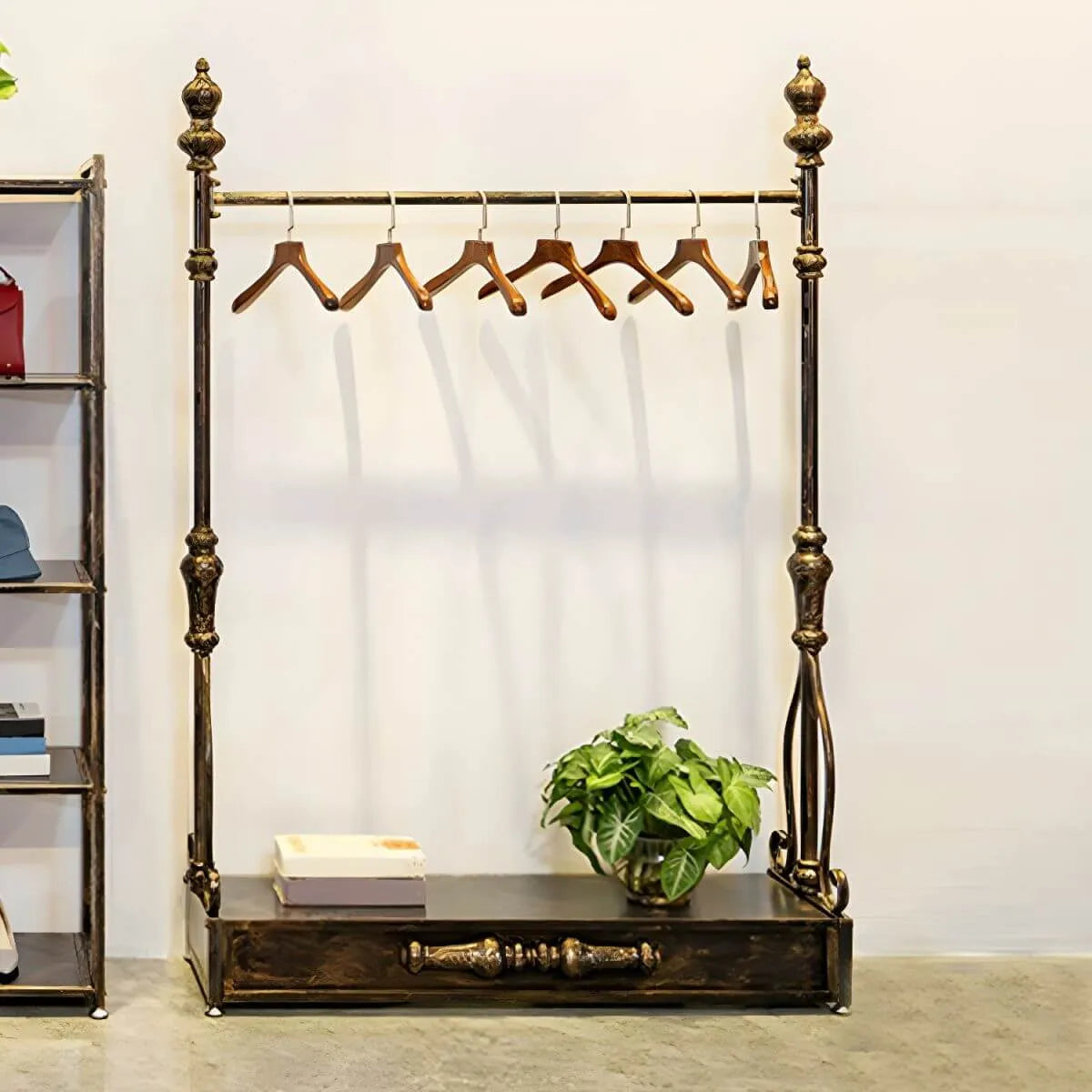Modern Bronze Metal Hall Tree with Drawer and Coat Rack Main Product Image Main image