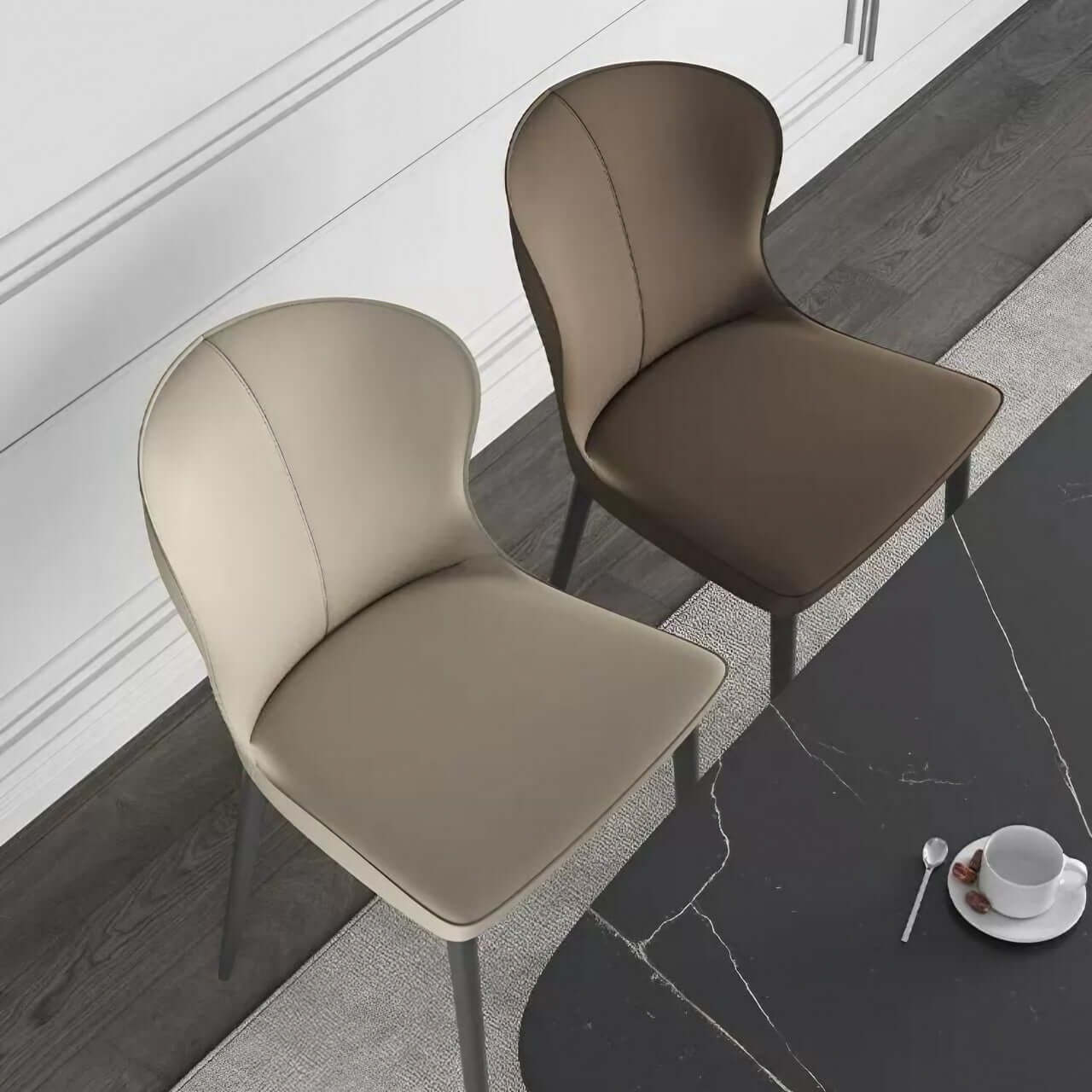 Contemporary brown leather dining chair with durable semi-wrapped backrest and minimalist design
