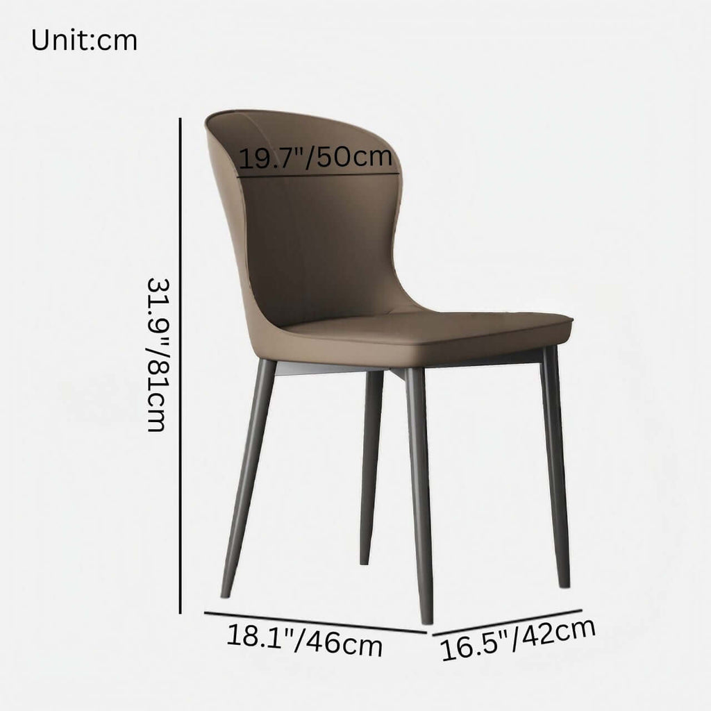 Contemporary brown leather dining chair with durable semi-wrapped backrest and minimalist design dimensions