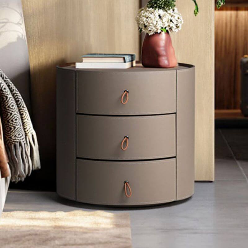 Modern Brown Faux Leather Nightstand with Drawers サブ画像
