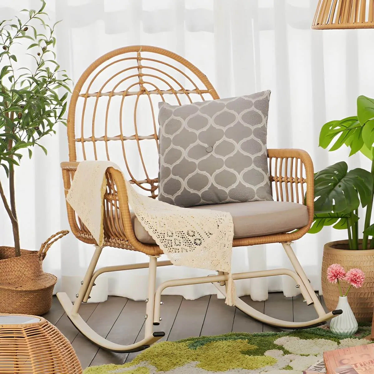 Modern Brown Wicker Rocking Chair with Upholstered Seat – With or Without Ottoman Secondary image