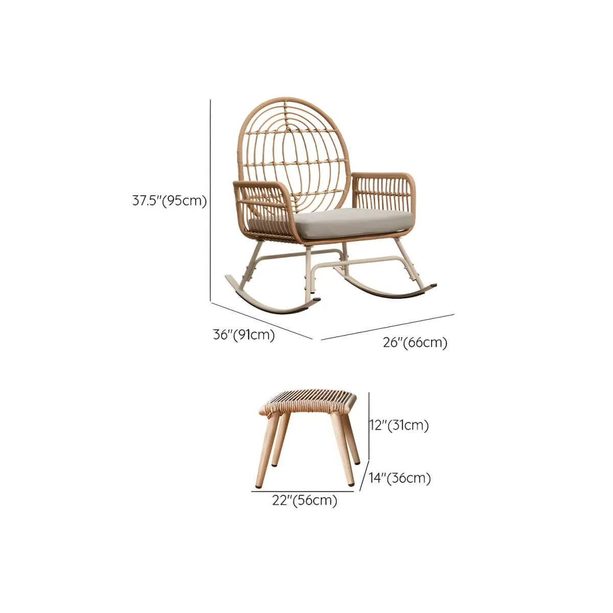 Modern Brown Wicker Rocking Chair with Upholstered Seat – With or Without Ottoman Dimensions