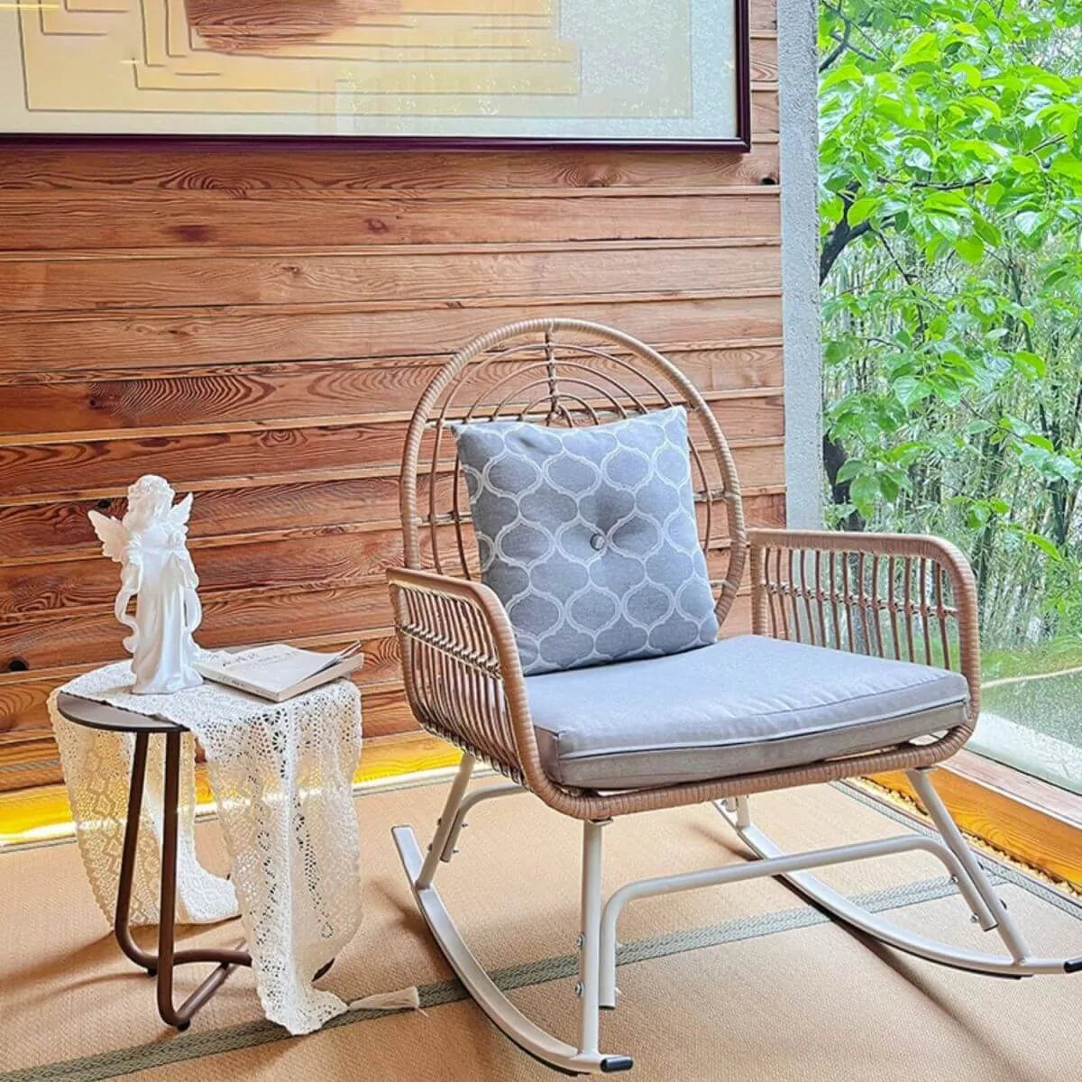 Modern Brown Wicker Rocking Chair with Upholstered Seat – With or Without Ottoman
