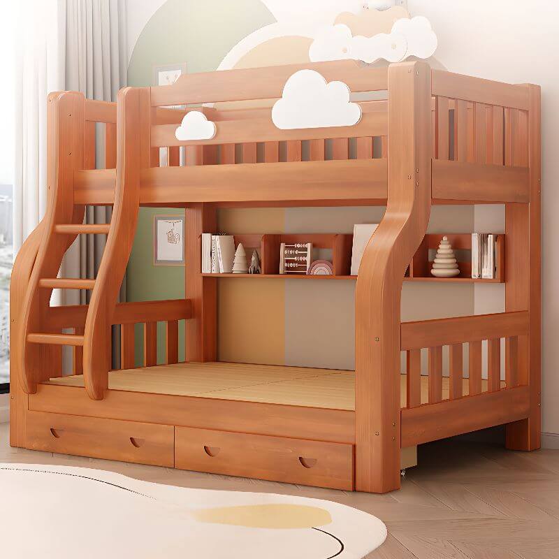 Modern Brown Wood Bunk Bed with Ladder for Kids' Bedroom