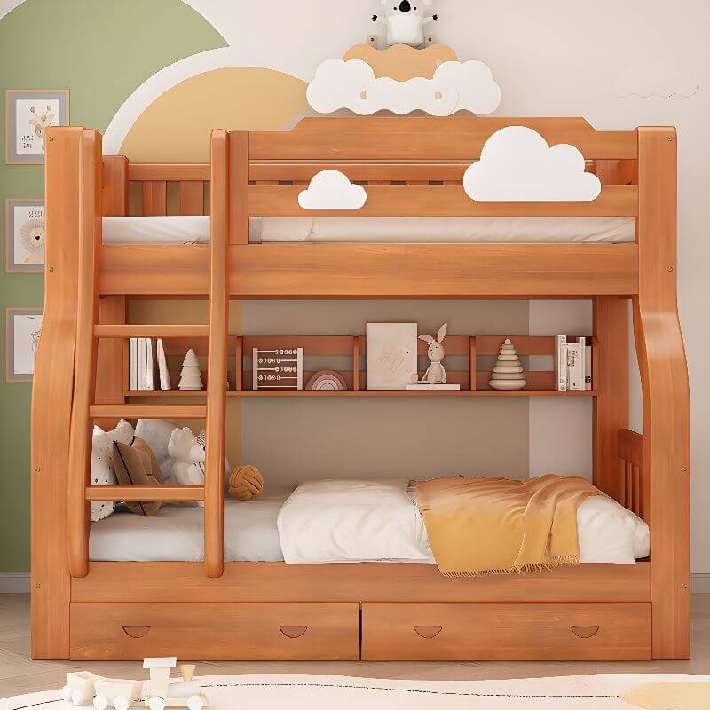 Modern Brown Wood Bunk Bed with Ladder for Kids' Bedroom