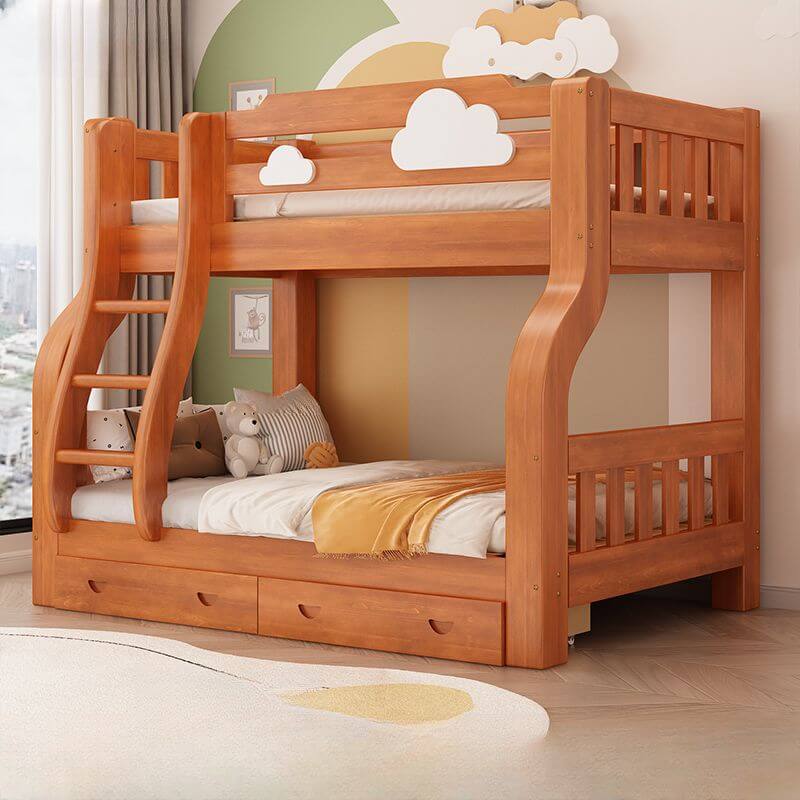 Modern Brown Wood Bunk Bed with Ladder for Kids' Bedroom