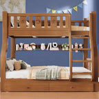 Modern Brown Wood Bunk Bed with Mattress & Bookshelf for Kids