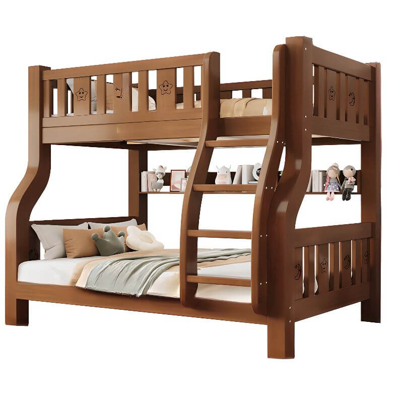 Modern Brown Wood Bunk Bed with Mattress & Bookshelf for Kids