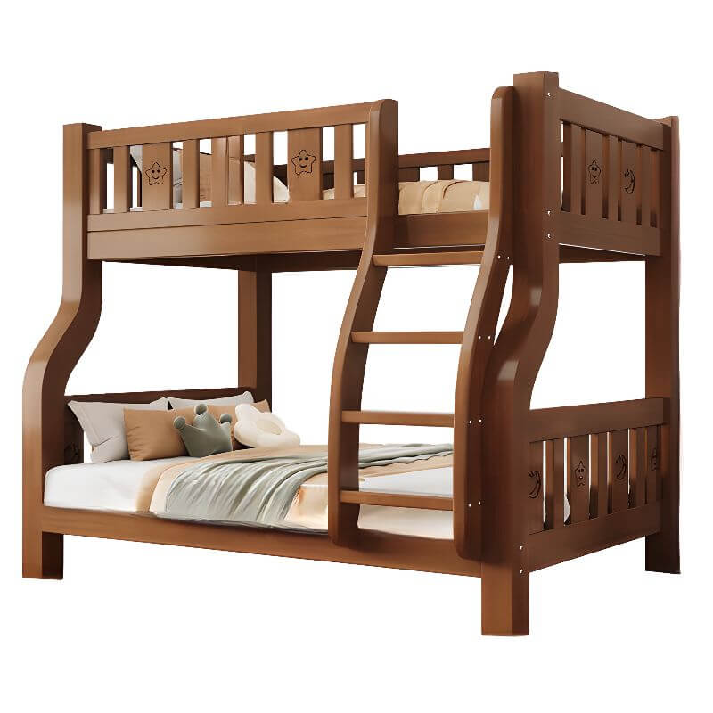 Modern Brown Wood Bunk Bed with Mattress & Bookshelf for Kids