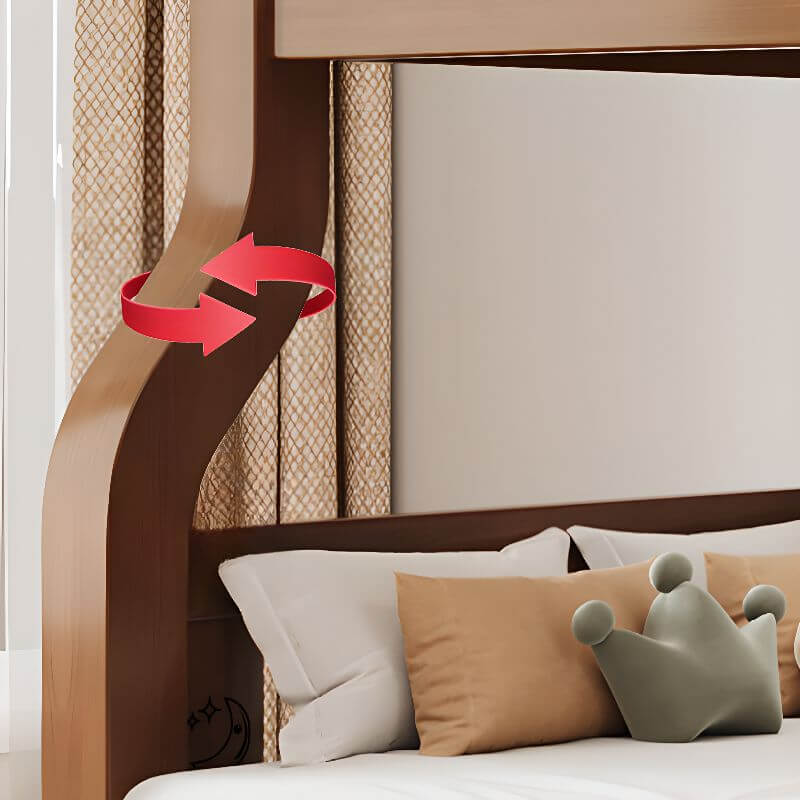 Modern Brown Wood Bunk Bed with Mattress & Bookshelf for Kids