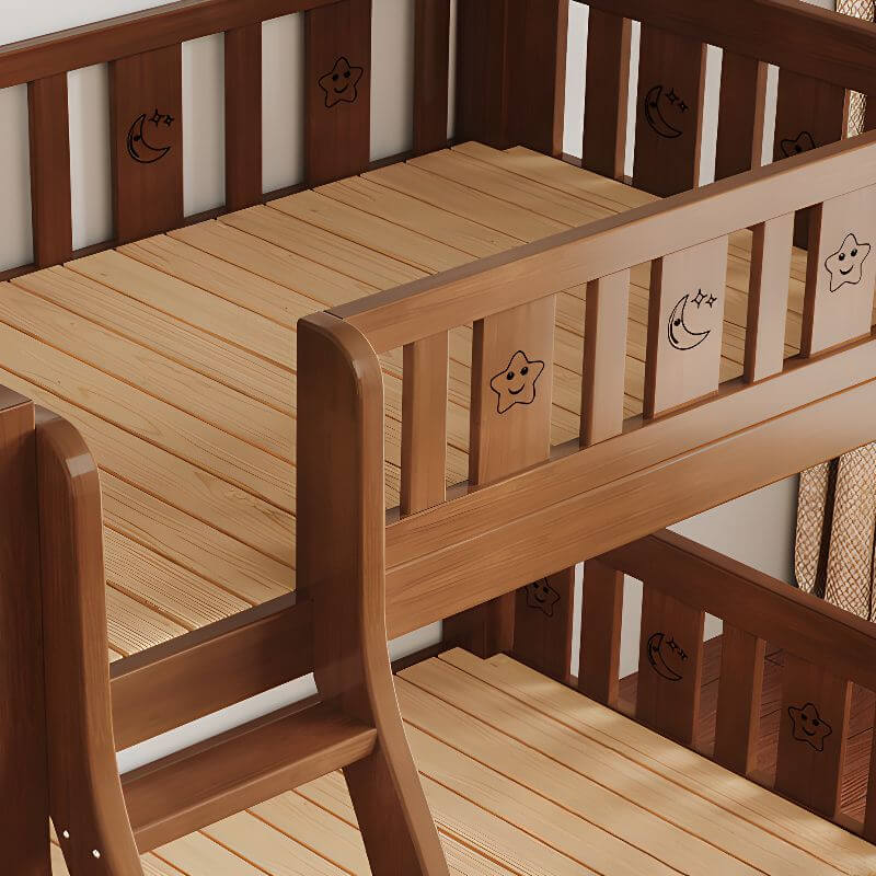 Modern Brown Wood Bunk Bed with Mattress & Bookshelf for Kids