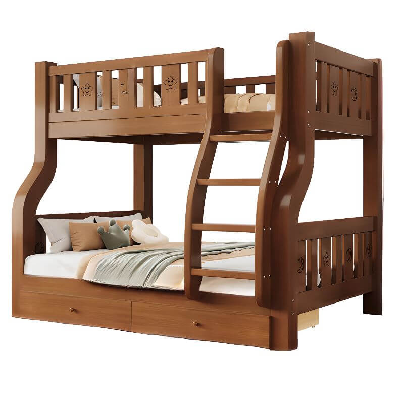 Modern Brown Wood Bunk Bed with Mattress & Bookshelf for Kids
