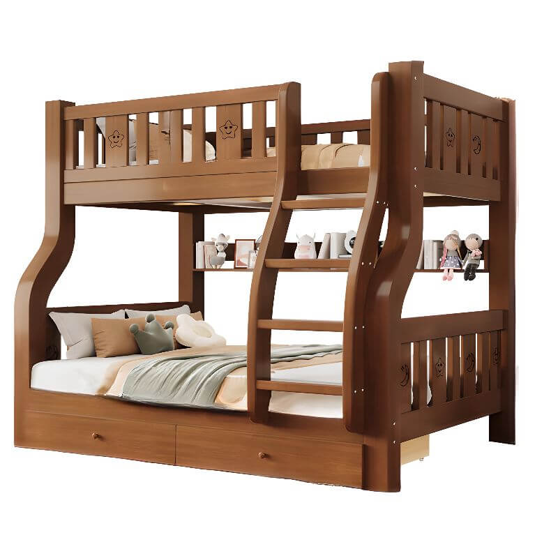 Modern Brown Wood Bunk Bed with Mattress & Bookshelf for Kids