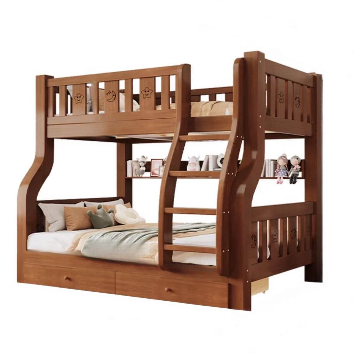 Modern Brown Wood Bunk Bed with Mattress & Bookshelf for Kids