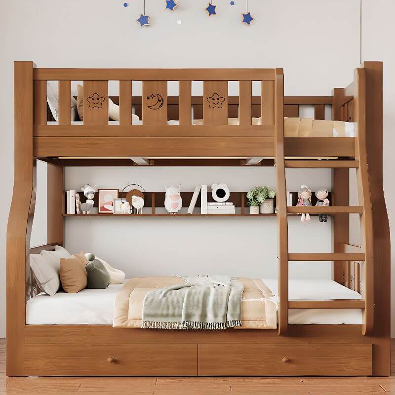 Modern Brown Wood Bunk Bed with Mattress & Bookshelf for Kids
