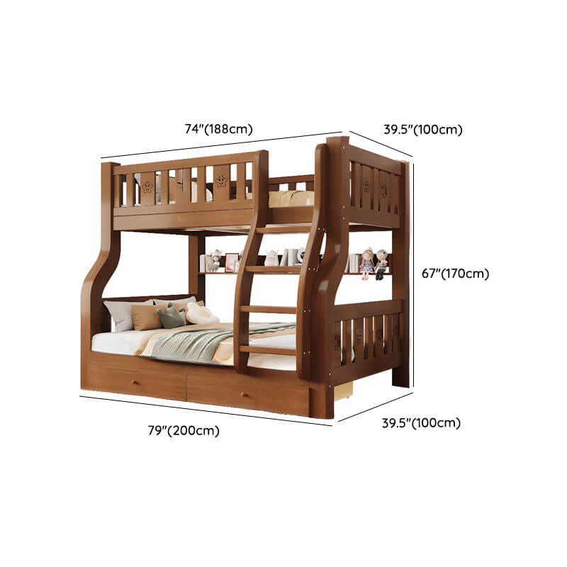 Modern Brown Wood Bunk Bed with Mattress & Bookshelf for Kids Dimensions