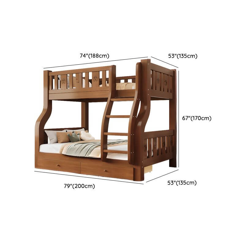 Modern Brown Wood Bunk Bed with Mattress & Bookshelf for Kids Dimensions
