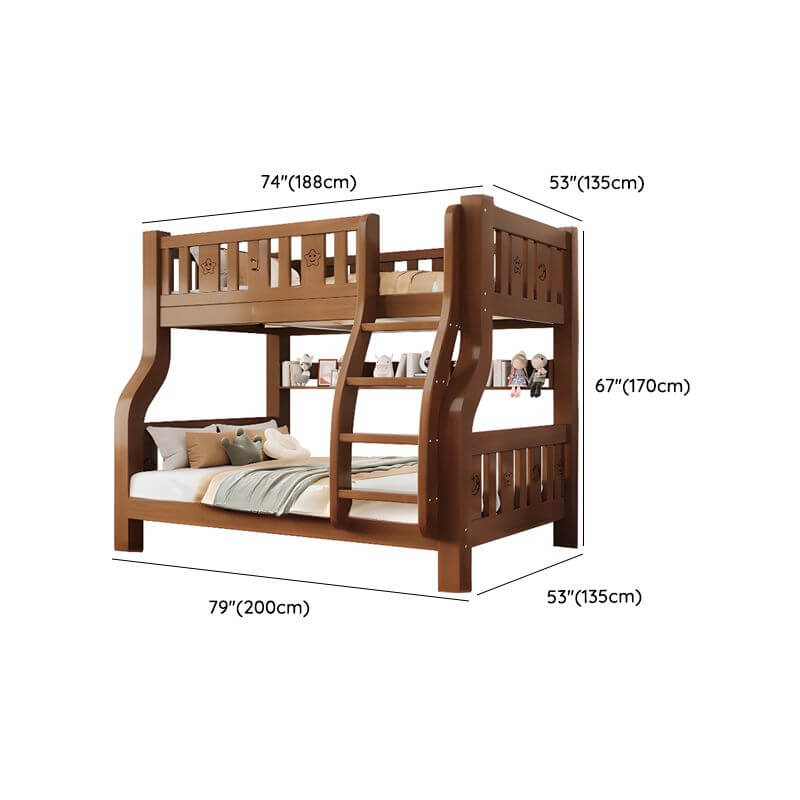 Modern Brown Wood Bunk Bed with Mattress & Bookshelf for Kids Dimensions