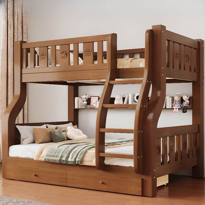 Modern Brown Wood Bunk Bed with Mattress & Bookshelf for Kids Main Product Image