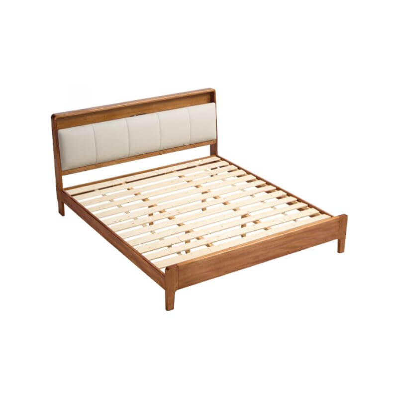 Modern Brown Wood Panel Bed With Built-In Electrical Outlet