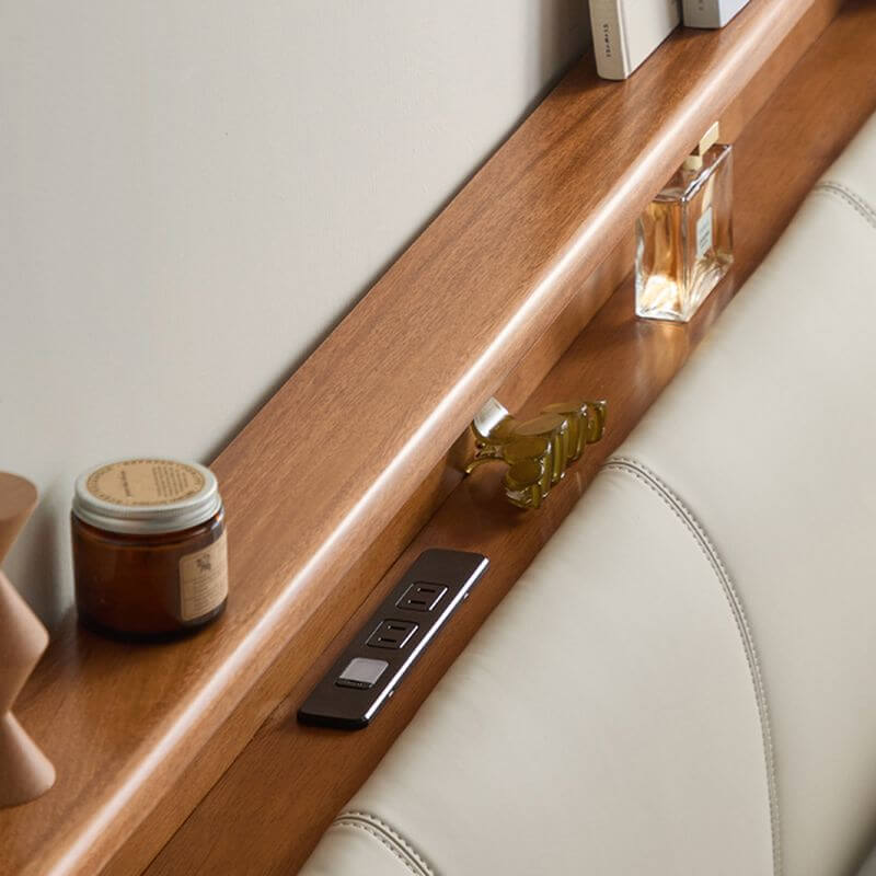 Modern Brown Wood Panel Bed With Built-In Electrical Outlet